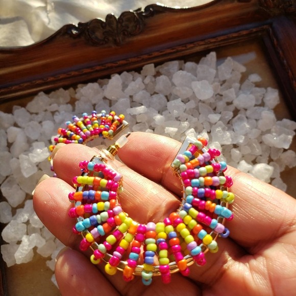 Beaded Hoop Earrings / Candy Colored / Pierced - Picture 1 of 6
